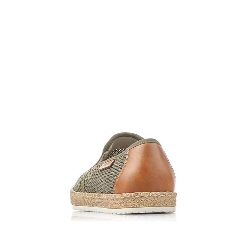 Mocassins Rieker verts pour homme B5276-54 avec bande élastique. Chaussure vue de l'arrière.
