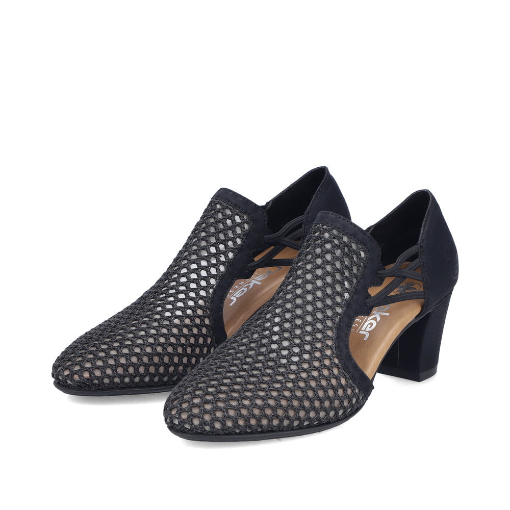 Escarpins Rieker noirs pour femme 41052-00 avec bande élastique. Chaussures inclinées sur le côté.