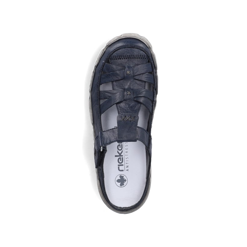 Dunkelblaue Rieker Damen Clogs L0396-14 aus Glattleder mit raffinierten Cut-Outs. Schuh von oben.