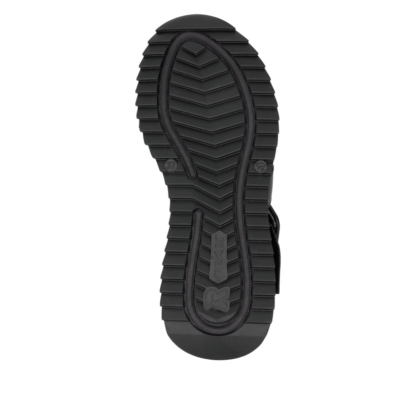 Schwarze Rieker Damen Riemchensandalen W2950-00 mit einem Klettverschluss. Schuh Laufsohle.