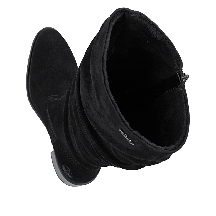 Schwarze Rieker Damen Hochschaftstiefel 74192-00 mit gerafftem Schaft. Schuh von oben, liegend.