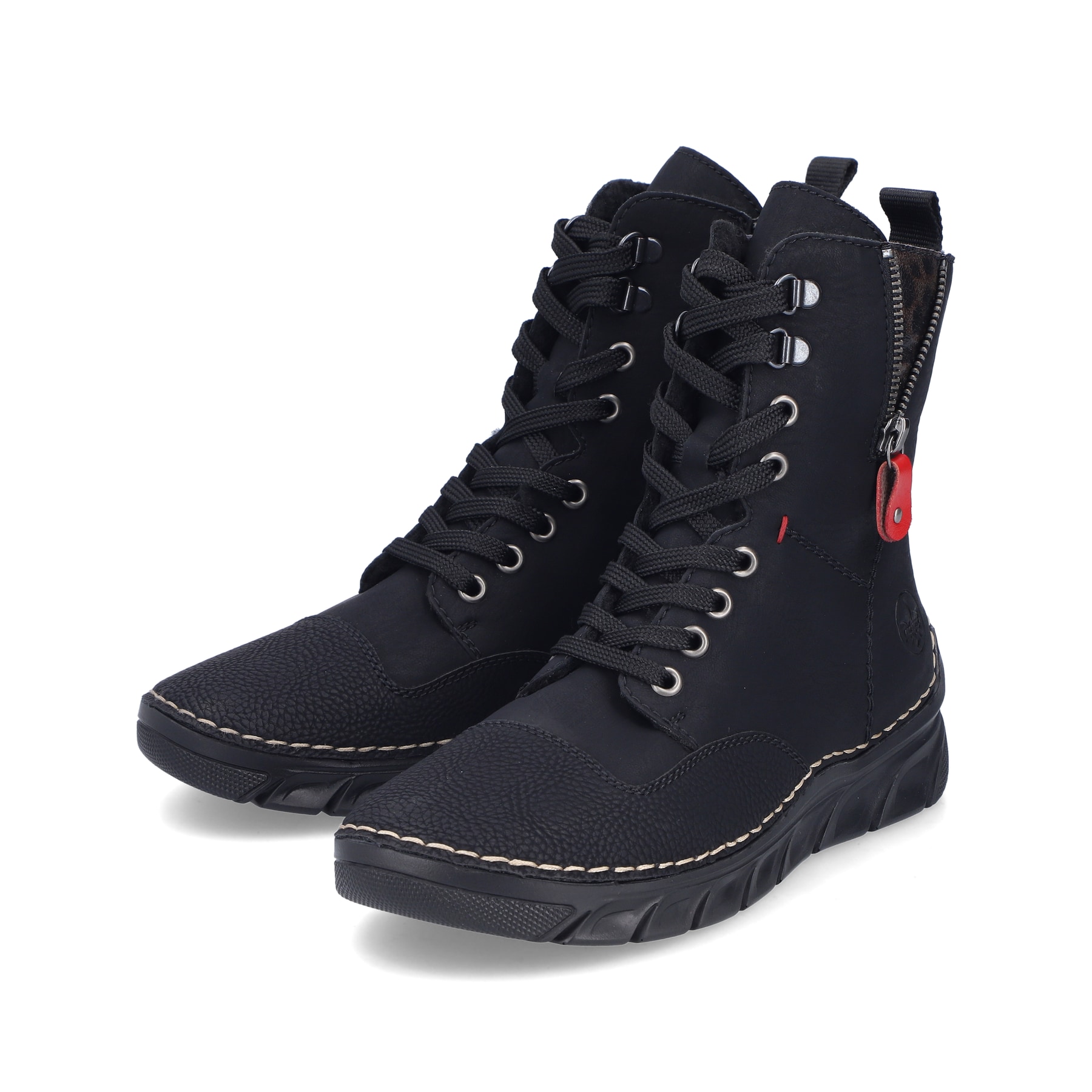 Schwarze Rieker Damen Schnürstiefel 55014-00 mit einem Reißverschluss. Schuhpaar seitlich schräg.