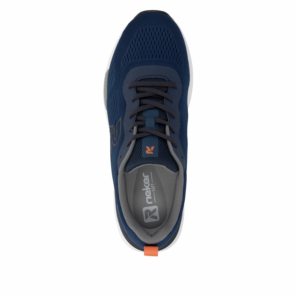 Dunkelblaue Rieker Herren Sneaker Low U1404-14 mit einer Schnürung. Schuh von oben.