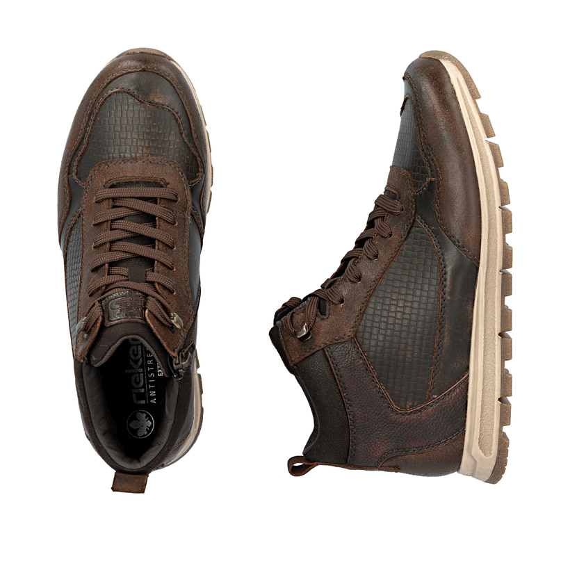 Braune Rieker Herren Schnürstiefel B0508-25 aus Rauleder mit Reißverschluss. Schuh von oben, liegend.
