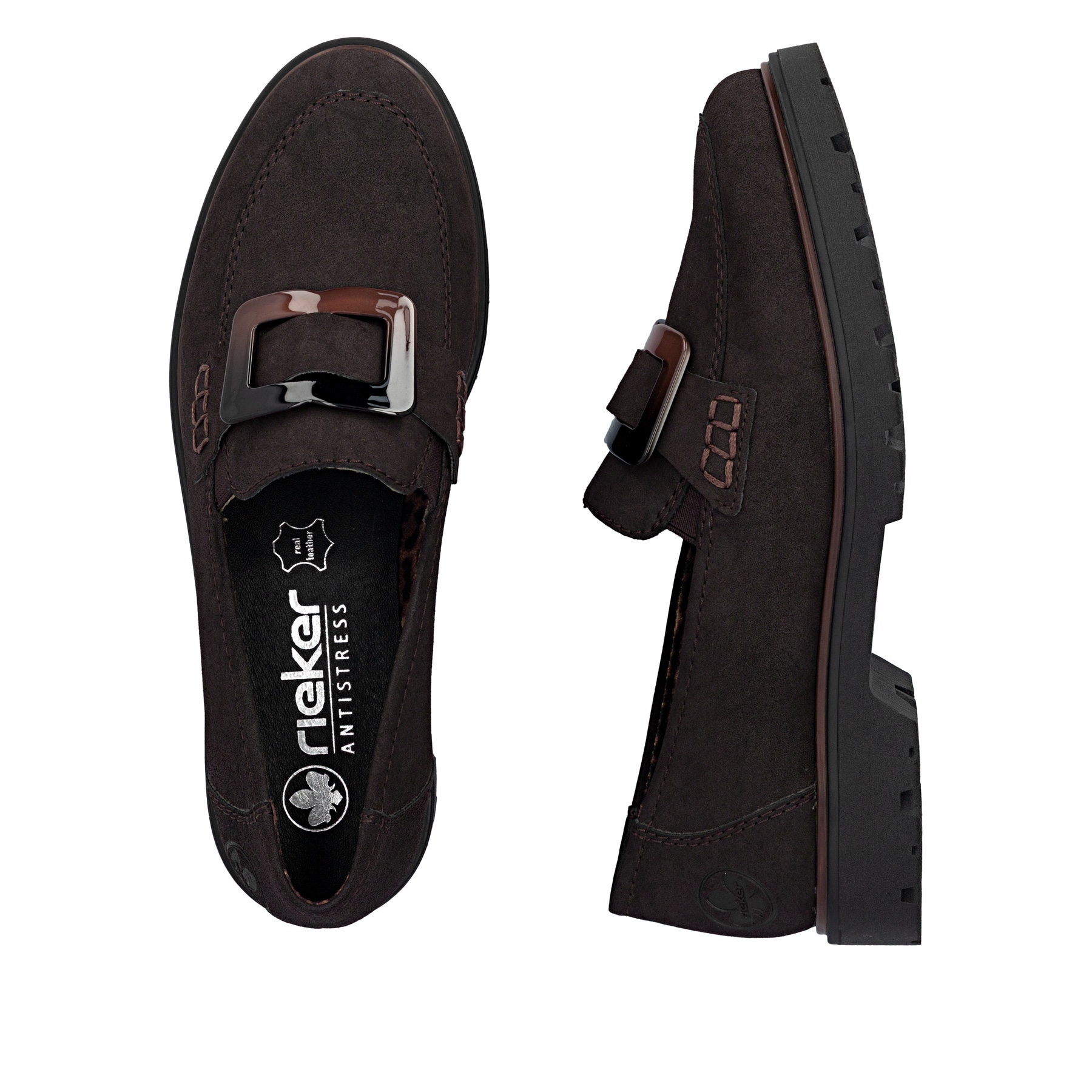 Dunkelbraune Rieker Damen Loafer 45553-25 mit Schmuckelementen sowie Gummizug. Schuh von oben, liegend.