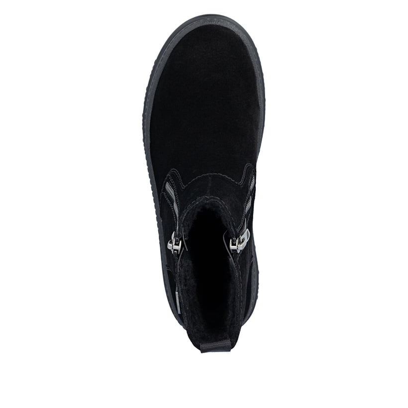 Schwarze Rieker Damen Kurzstiefel X8251-00 aus Rauleder mit Flip-Grip Sohle. Schuh von oben.