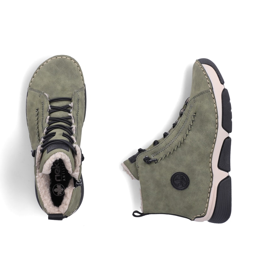 Khaki-schwarze Rieker Damen Schnürstiefel 45912-54 mit markanter Anflechter-Naht. Schuh von oben, liegend.