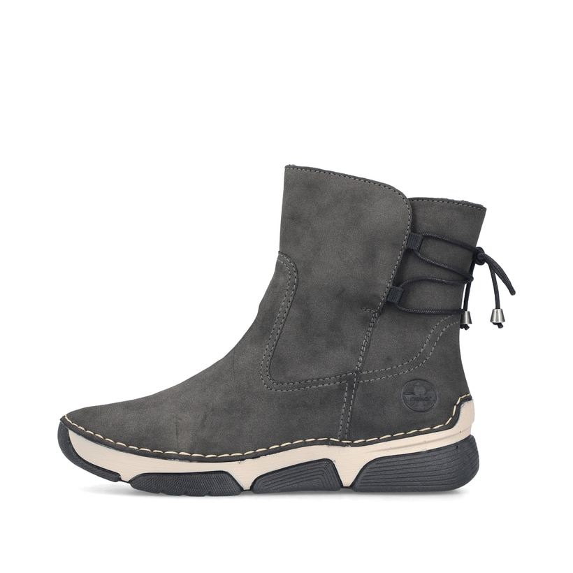 Dunkelgraue Rieker Damen Kurzstiefel 45990-45 mit einem Reißverschluss. Schuh Außenseite.