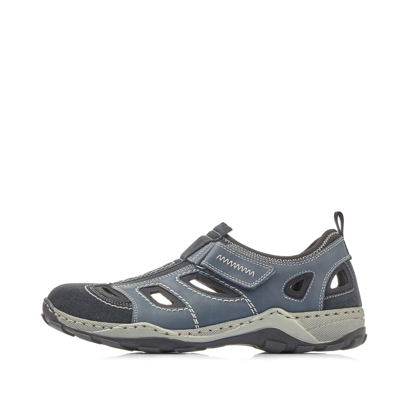 Blaue Rieker Herren Slipper 08075-14 mit Klettverschluss sowie Komfortweite G. Schuh Außenseite.