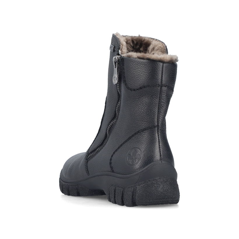 Schwarze Rieker Damen Kurzstiefel Z7263-00 aus Glattleder. Schuh von hinten.