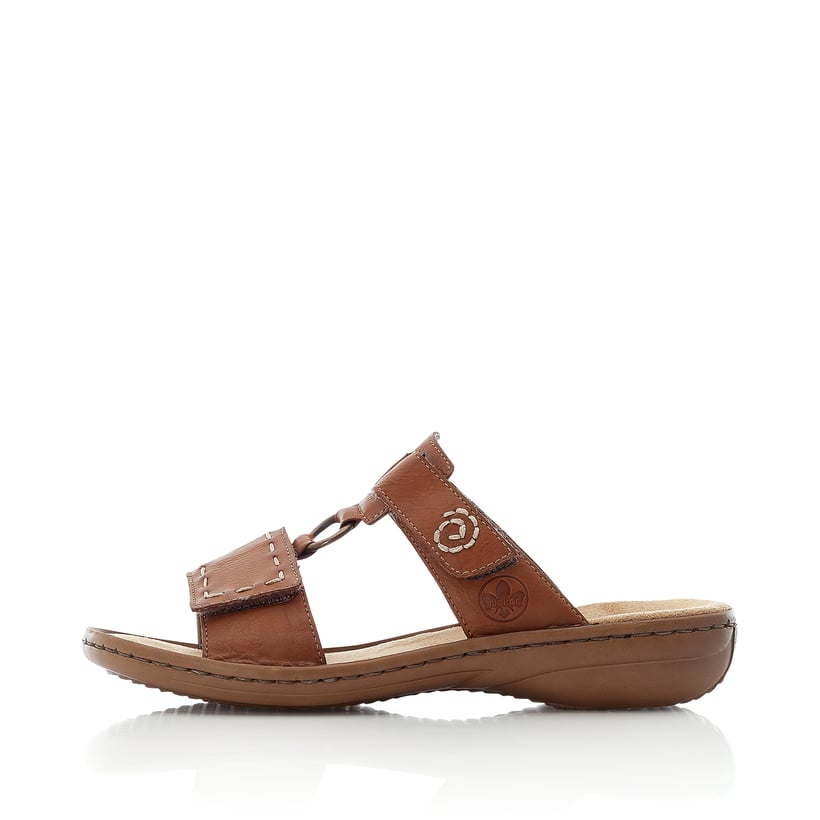 Mules Rieker marron pour femme 60822-24 avec fermeture velcro. Côté extérieur de la chaussure.