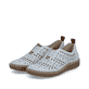 Blaue Rieker Damen Slipper N2452-10 mit eleganten Zierlochungen sowie Gummizug. Schuhpaar seitlich schräg.