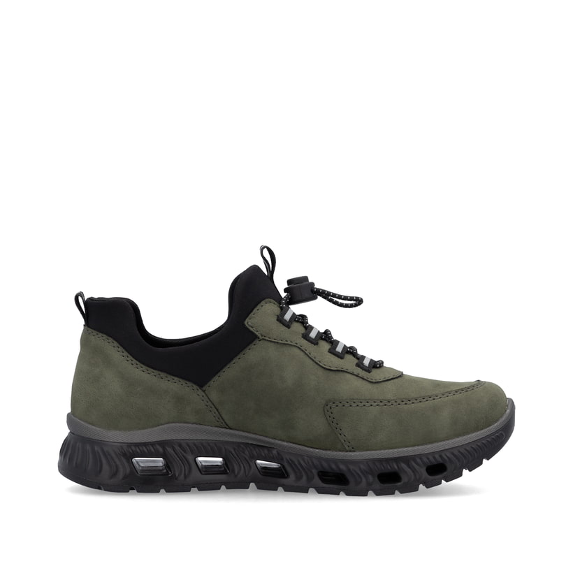 Baskets basses Rieker vertes pour femme M6058-54 avec bande élastique. Chaussure vue de l'arrière.