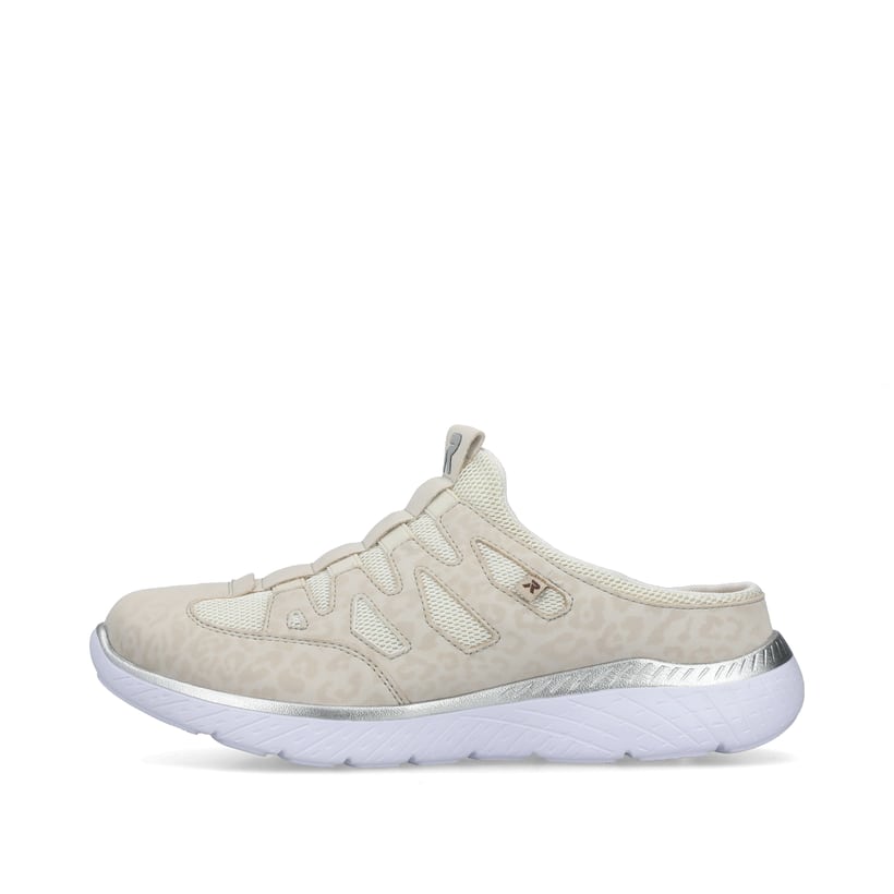 Beige Rieker Damen Clogs M5095-60 mit Gummizug sowie einer ultraleichten Sohle. Schuh Außenseite.