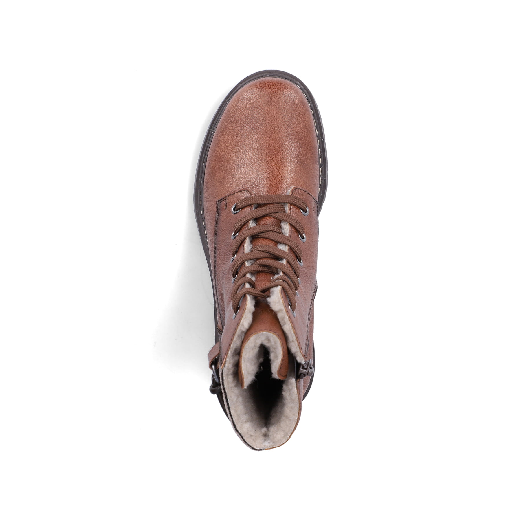 Braune Rieker Damen Biker Boots 76724-25 mit gemustertem Schaft. Schuh von oben.