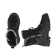 Schwarze Rieker Damen Kurzstiefel W2175-00 aus Rauleder mit weißer Zickzack-Naht. Schuh von oben, liegend.