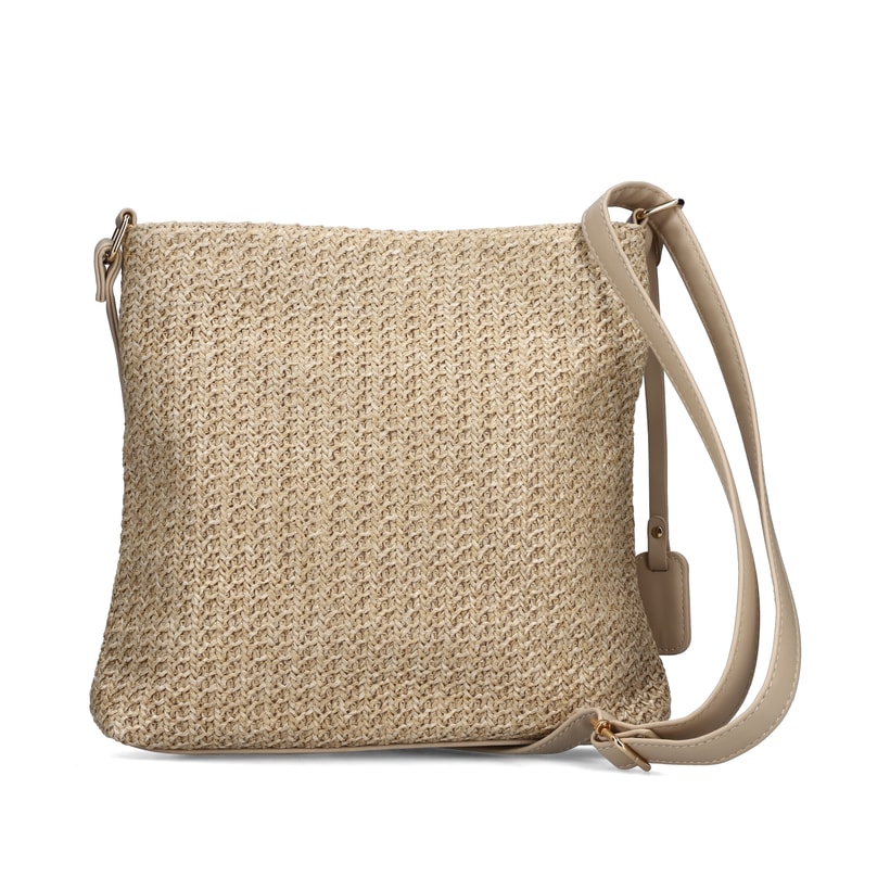 Sac à main Rieker H1519-65 beige avec aspect raphia, fermeture éclair et bandoulière réglable. Côté gauche.