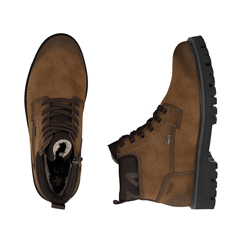 Braune Rieker Herren Schnürstiefel 30440-24 mit wasserabweisender TEX-Membran. Schuh von oben, liegend.
