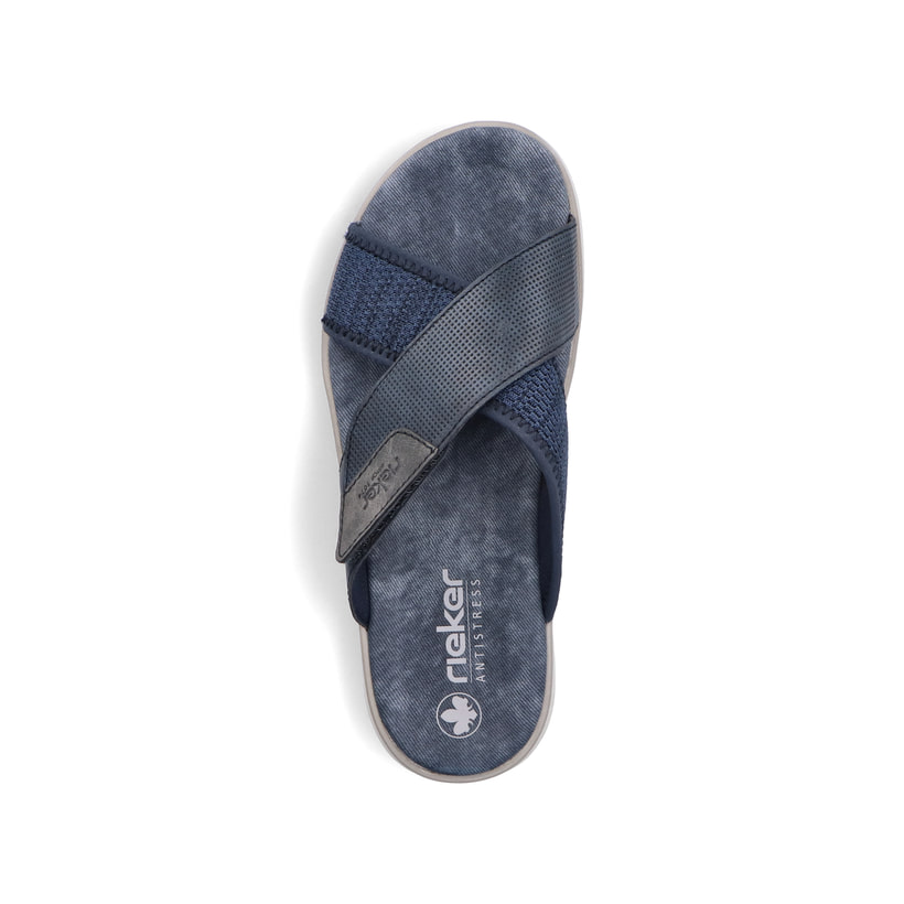 Blaue Rieker Herren Pantoletten 29083-14 mit Rieker Air Sohlenfenster. Schuh von oben.