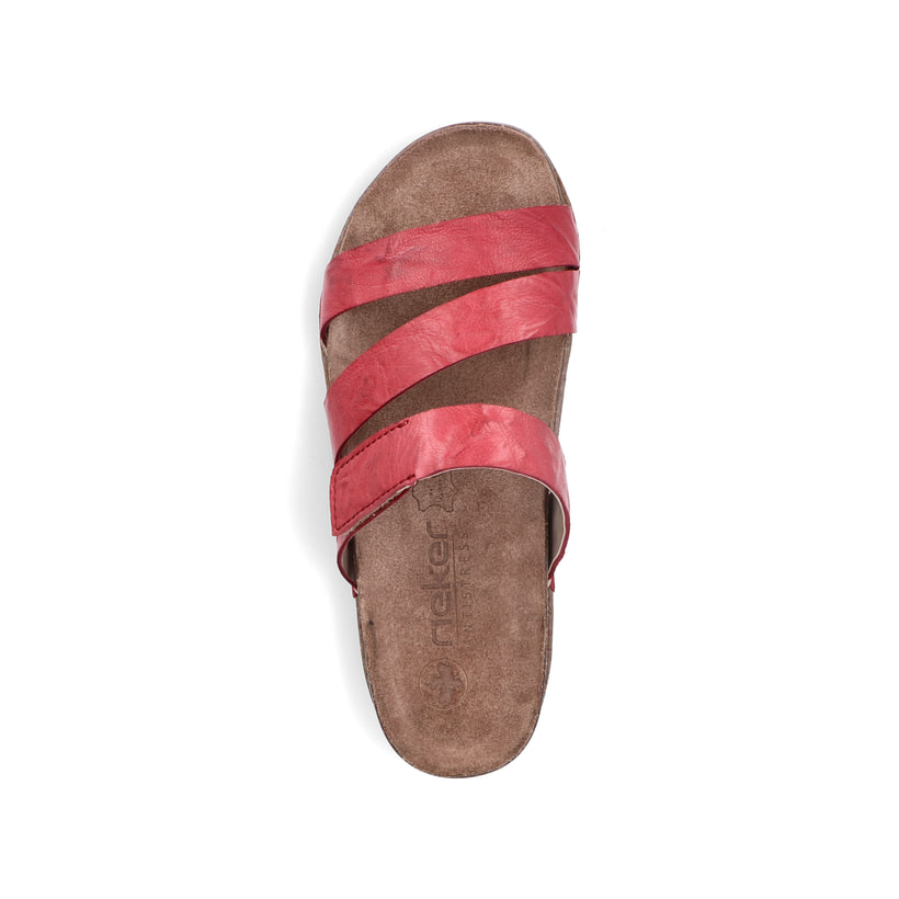 Rote Rieker Damen Pantoletten 61450-33 mit Klettverschluss sowie griffiger Sohle. Schuh von oben.