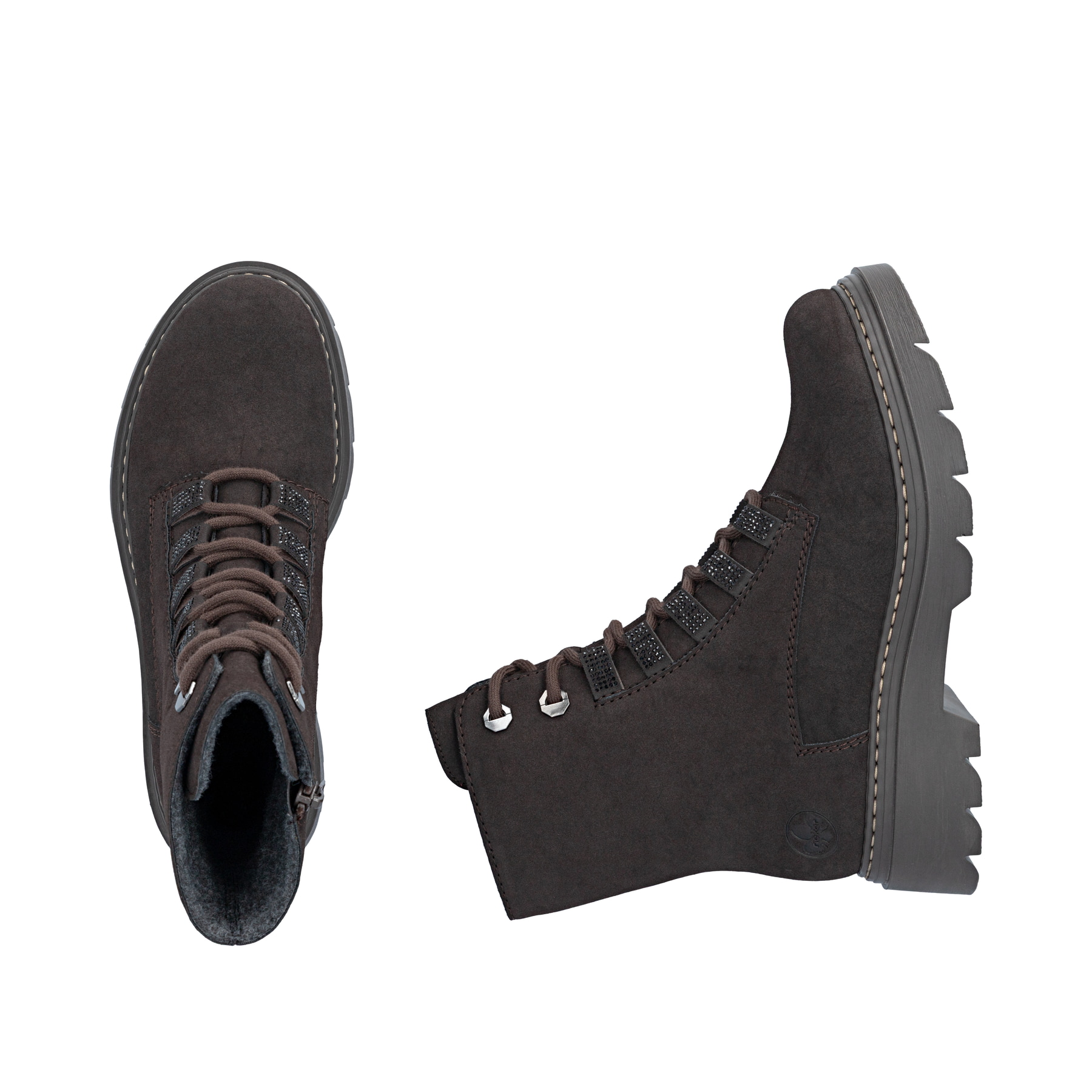 Dunkelbraune Rieker Damen Biker Boots 76729-25 mit Strasssteinen. Schuh von oben, liegend.