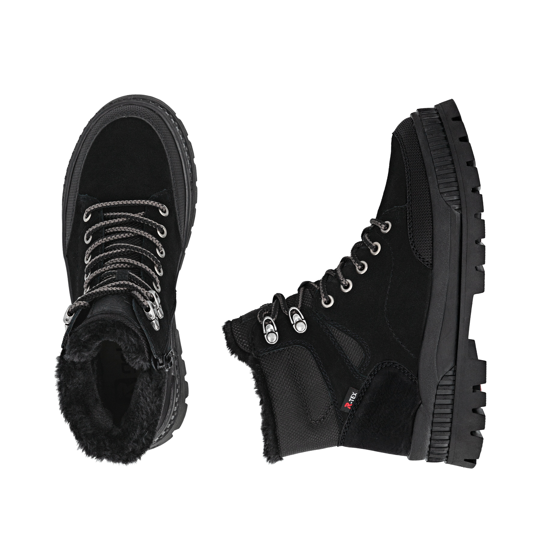 Schwarze Rieker Damen Schnürstiefel W2176-00 mit griffiger Fiber-Grip Sohle. Schuh von oben, liegend.