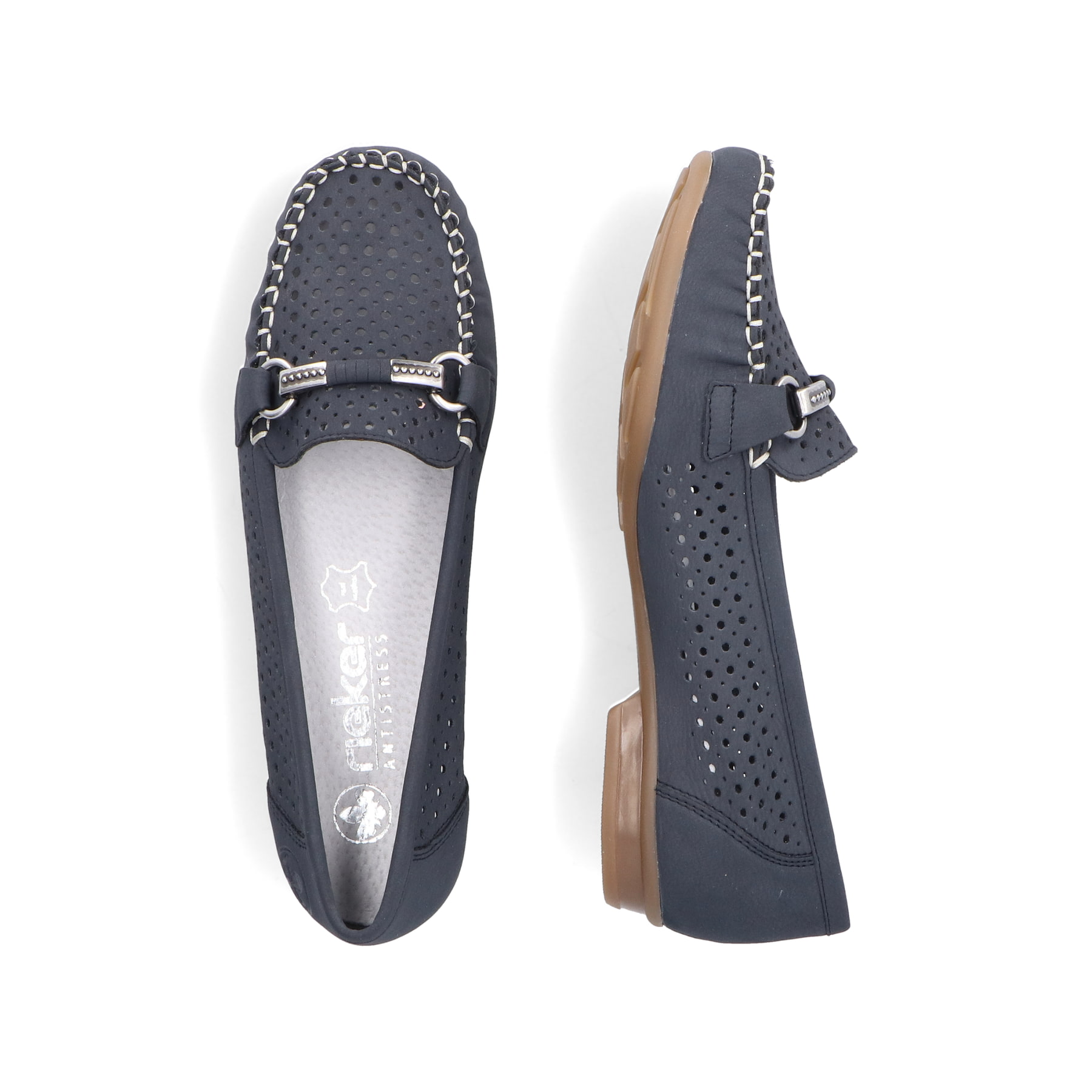 Blaue Rieker Damen Loafer 40065-15 mit der schmalen Passform E 1/2. Schuh von oben, liegend.