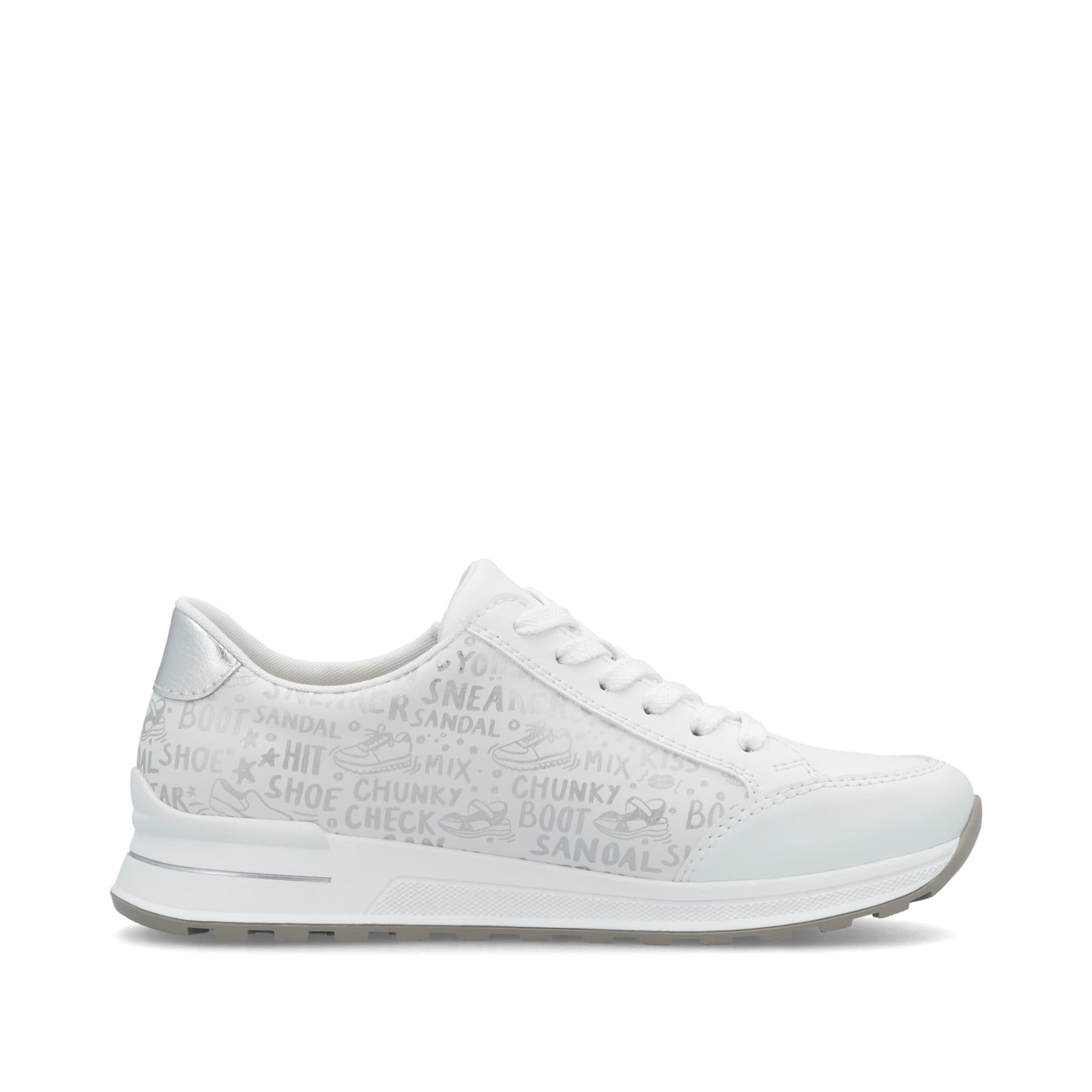 Baskets basses Rieker blanches pour femme N1403-80 avec fermeture éclair. Côté intérieur de la chaussure.