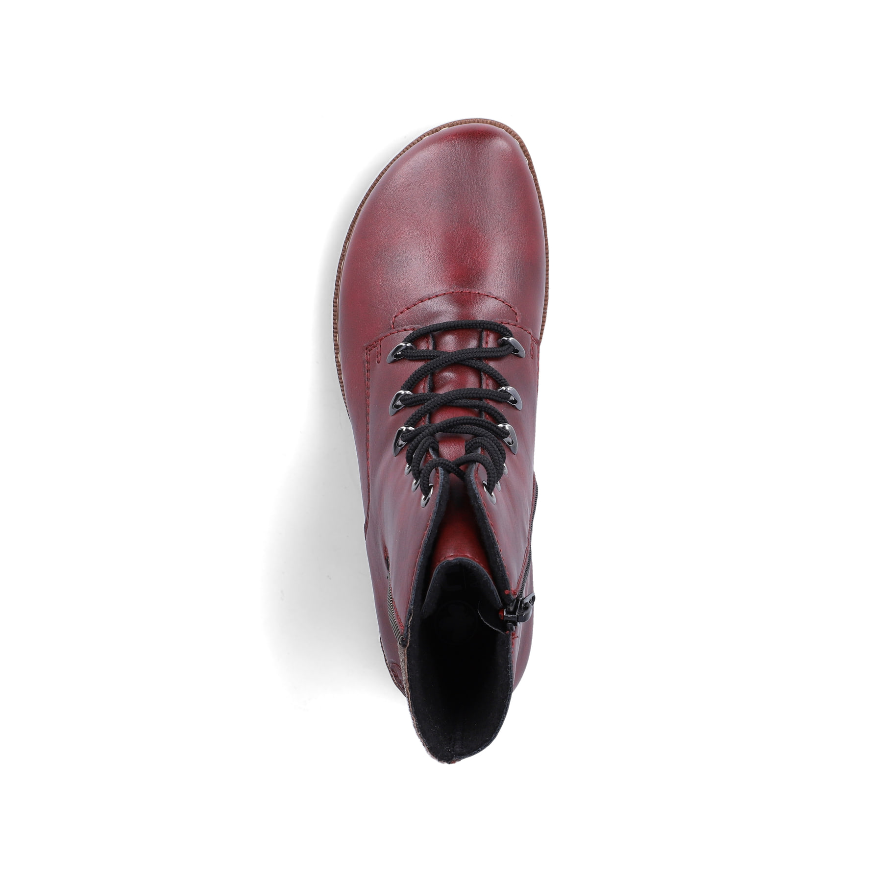 Weinrote Rieker Damen Schnürstiefel Z9344-30 mit Deko-Reißverschluss. Schuh von oben.