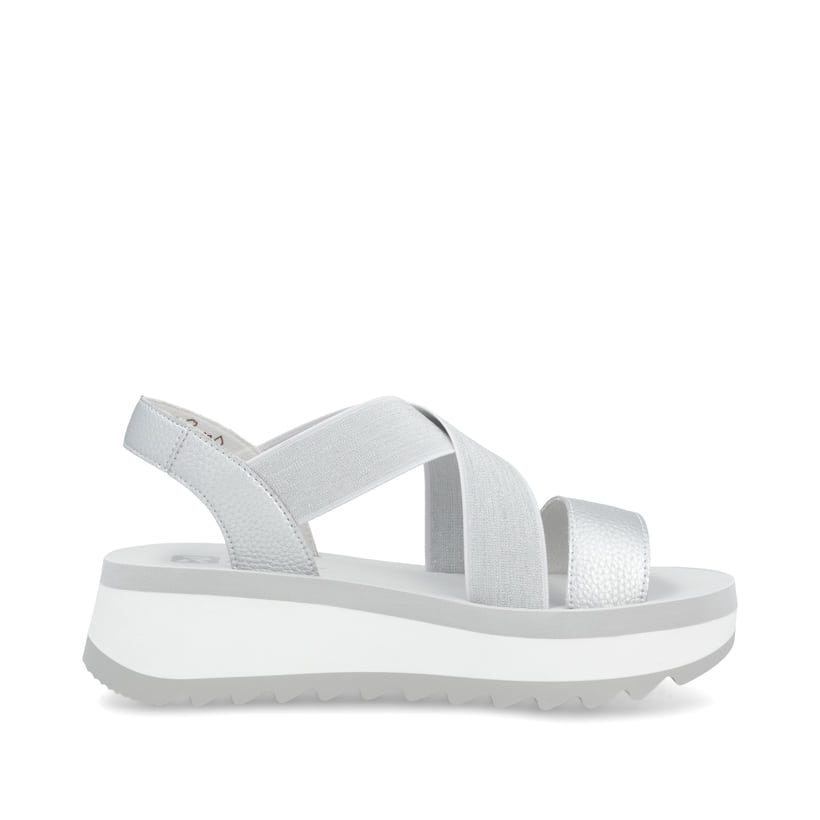 Silberne Rieker Damen Riemchensandalen W3053-90 mit einem Gummizug. Schuh Innenseite.