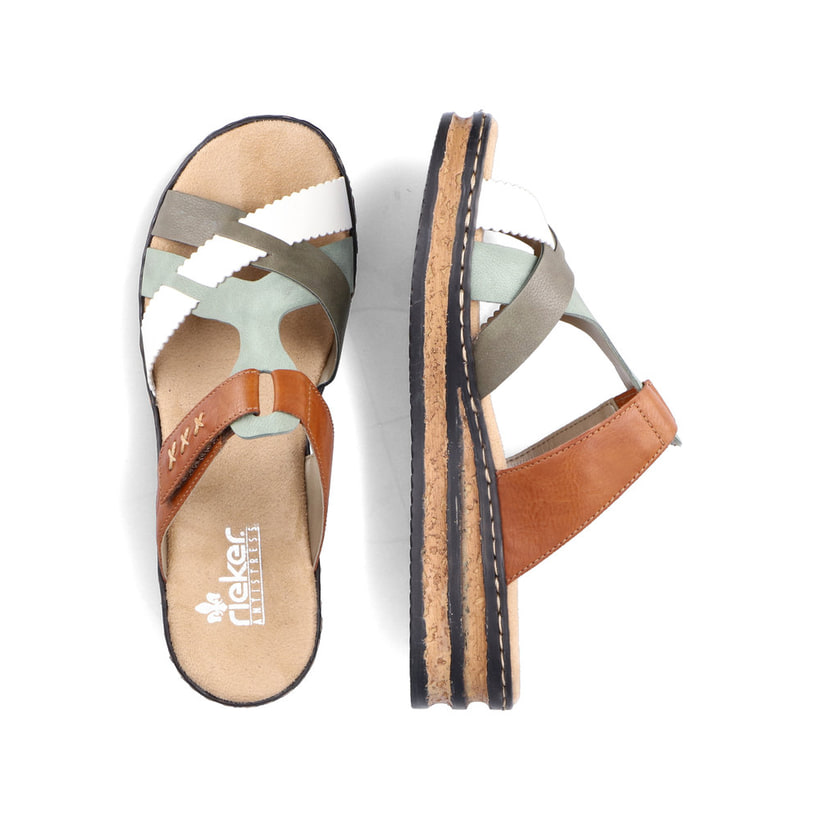 Mules Rieker multicolores femme 62989-90 avec coutures brodées à la main. Chaussure vue de dessus, couchée.