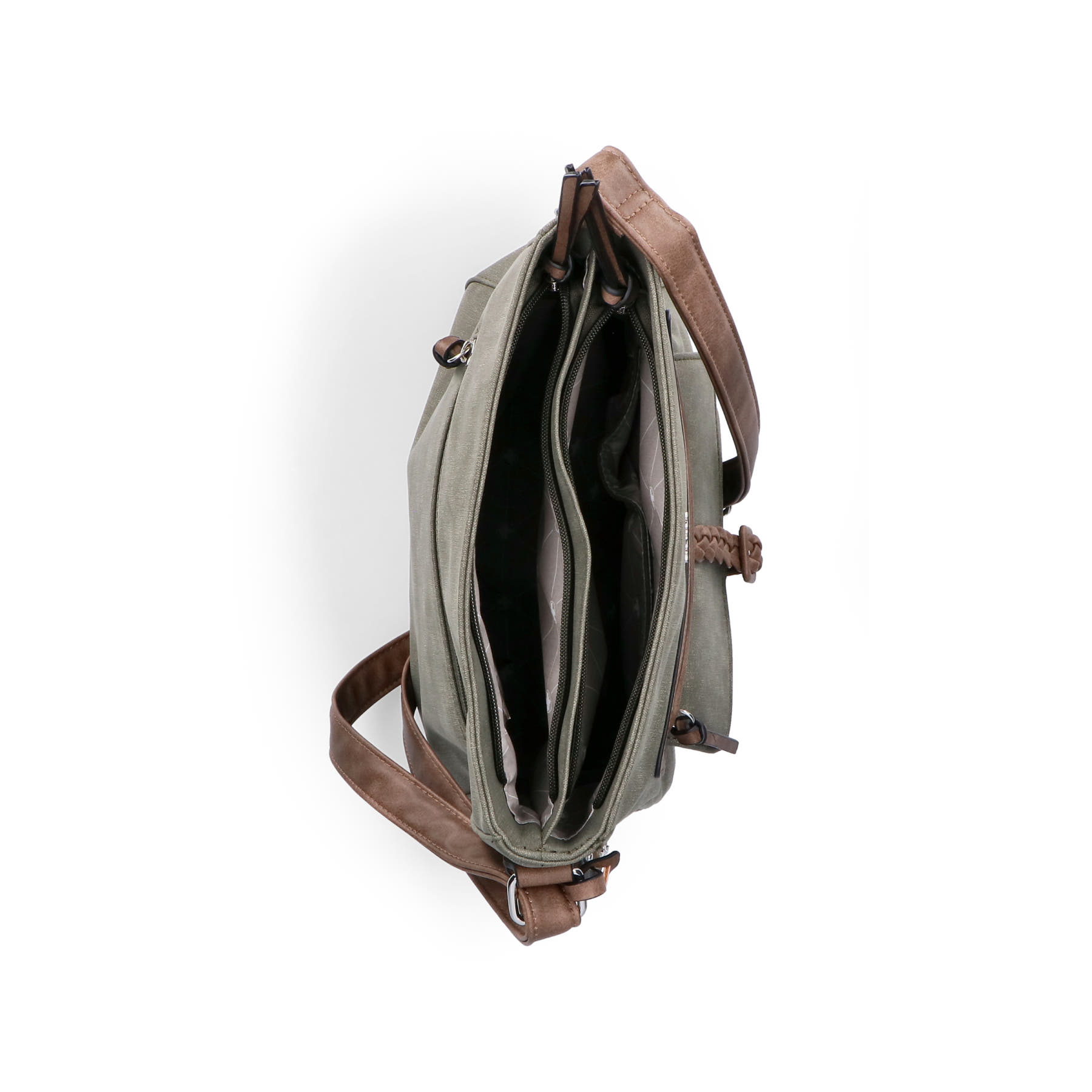 Sac à main Rieker H1340-54 en vert avec sangle décorative tressée, fermeture éclair et poche pour téléphone portable. Ouvert.