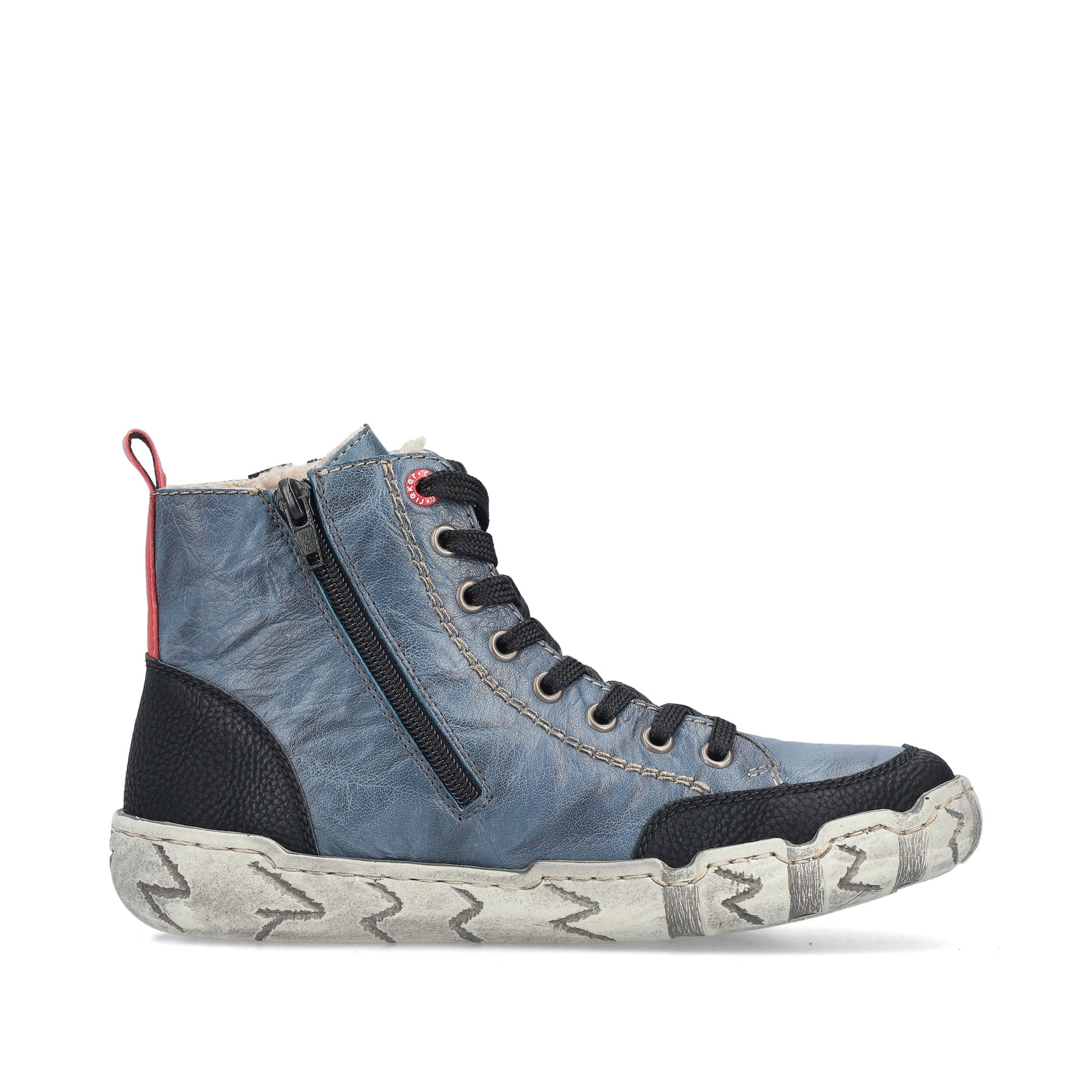 Blaue Rieker Damen Kurzstiefel L0370-14 mit einem Reißverschluss. Schuh Innenseite.