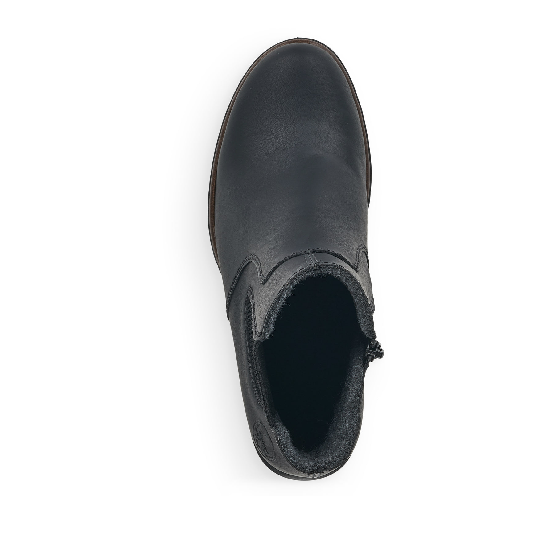 Tiefschwarze Rieker Damen Stiefeletten Y2574-00 mit Reißverschluss sowie Blockabsatz. Schuh von oben