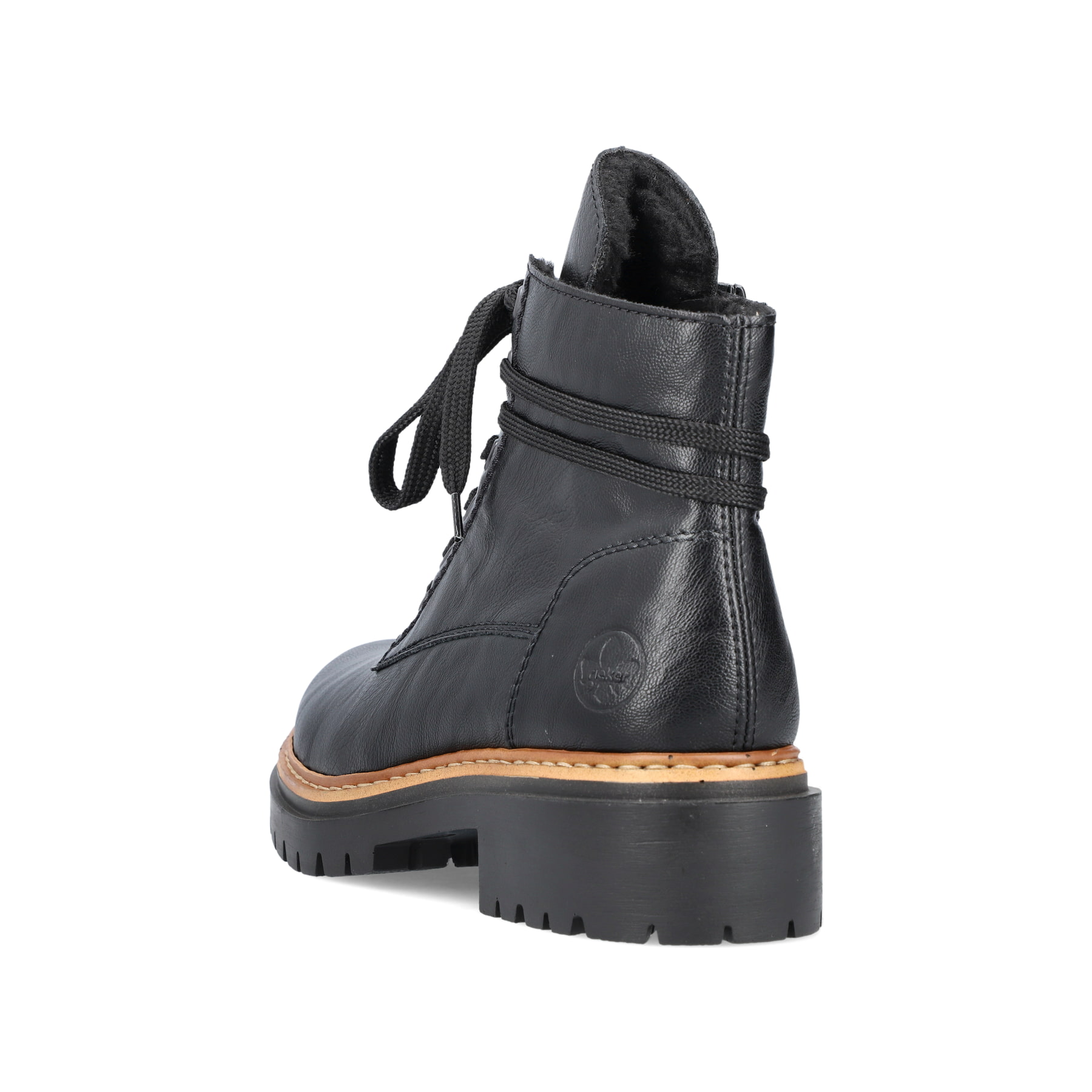 Nachtschwarze Rieker Damen Biker Boots 72603-00 mit Schnürung und Reißverschluss. Schuh von hinten