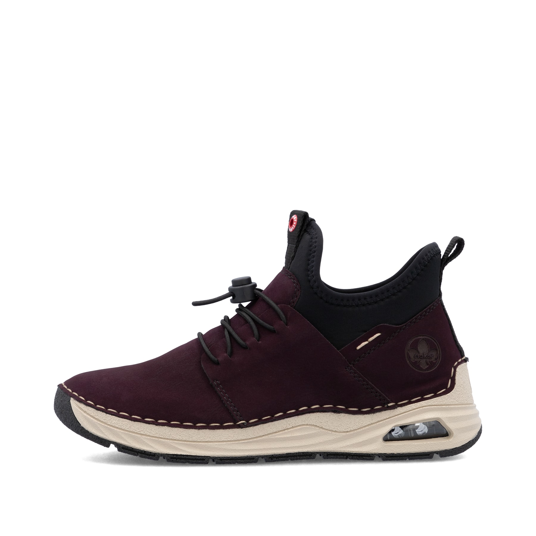 Rotschwarze Rieker Damen Slipper 44560-30 mit Rieker Air Sohlenfenster. Schuh Außenseite.