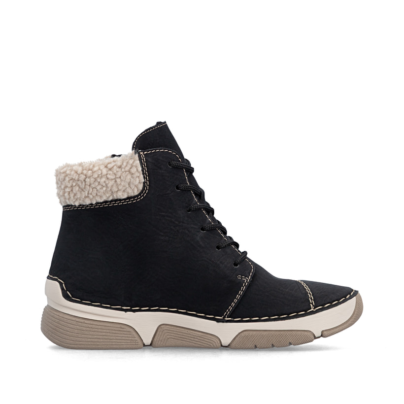 Schwarzbeige Rieker Damen Schnürstiefel 45931-00 mit einem Reißverschluss. Schuh Innenseite.