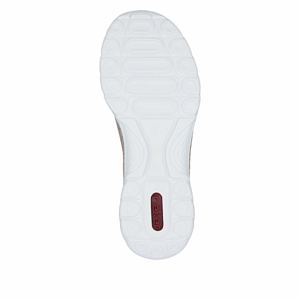 Graue Rieker Damen Slipper N4263-40 mit Deko-Reißverschluss sowie einem Gummizug. Schuh Laufsohle.