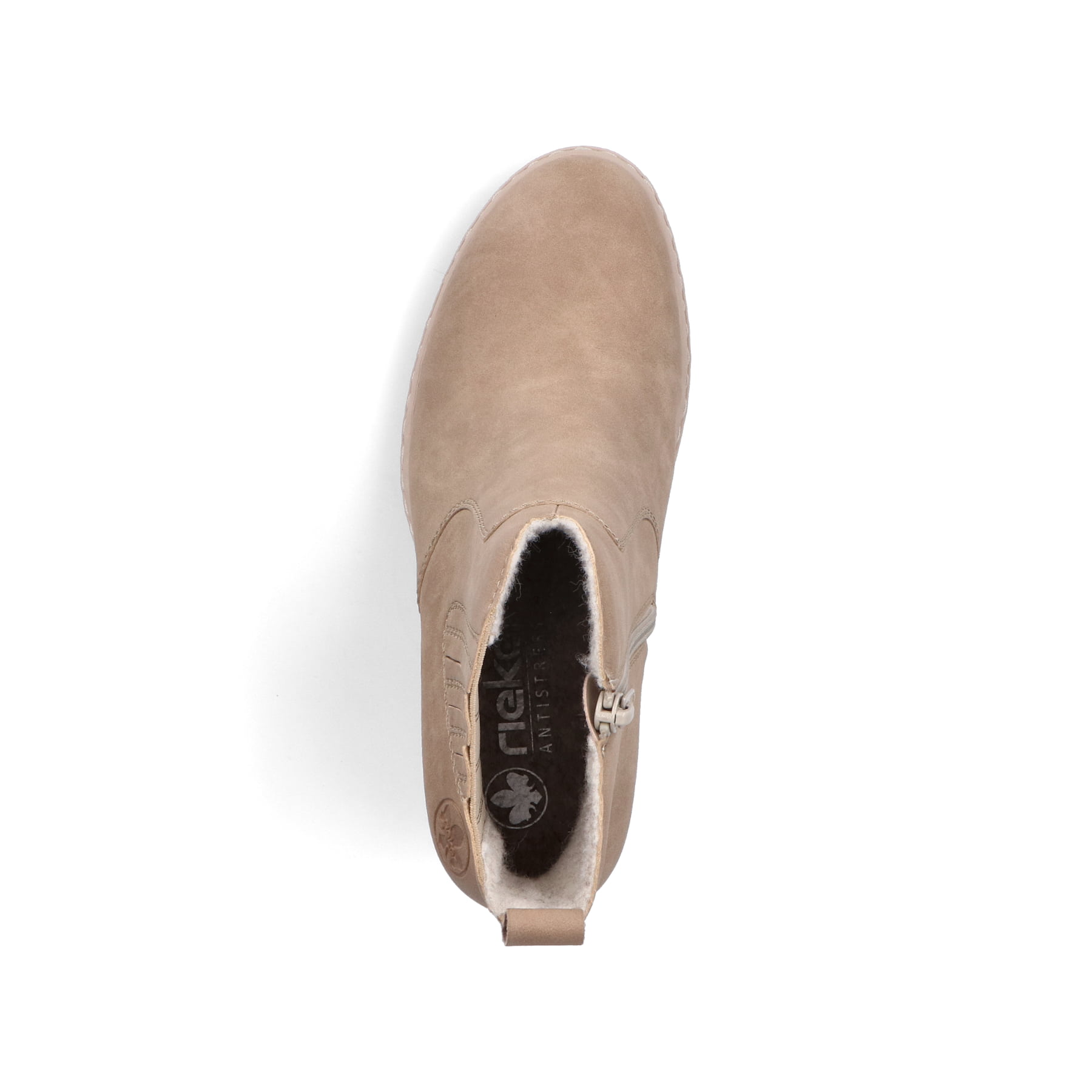 Dunkelbeige Rieker Damen Stiefeletten Y2571-20 mit einem Reißverschluss. Schuh von oben.