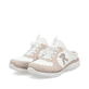 Weiße Rieker Damen Clogs M5056-31 mit Gummizug sowie einer ultraleichten Sohle. Schuhpaar seitlich schräg.