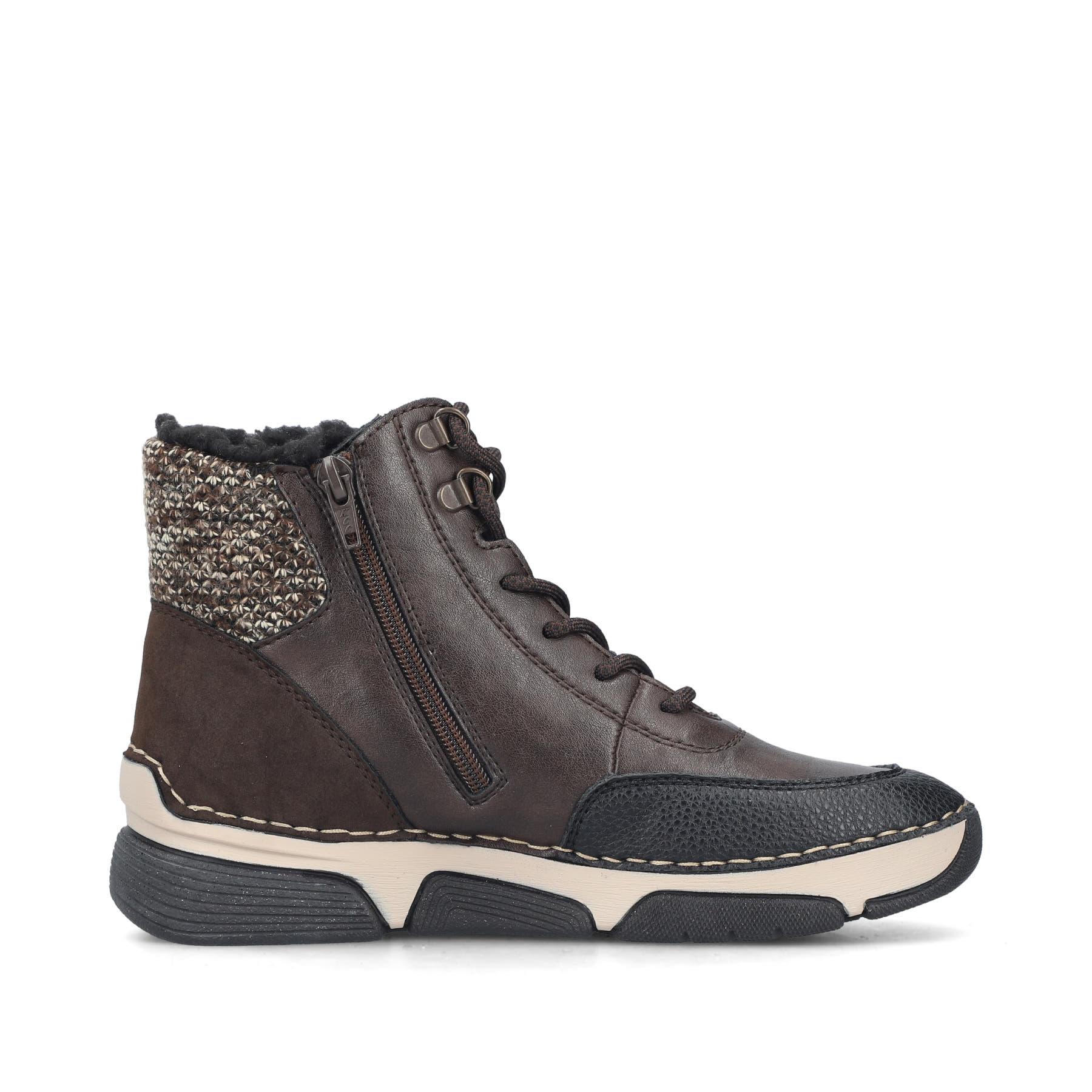 Dunkelbraun-beige Rieker Damen Schnürstiefel 45956-25 mit Strick-Kragen. Schuh Innenseite.