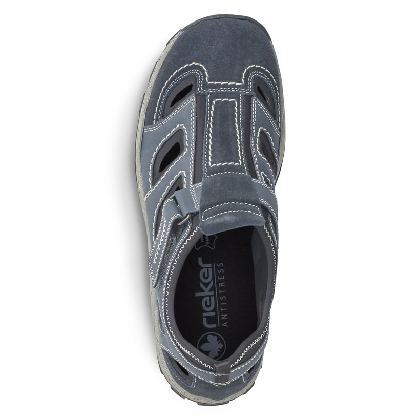 Blaue Rieker Herren Slipper 08075-14 mit Klettverschluss sowie Komfortweite G. Schuh von oben.