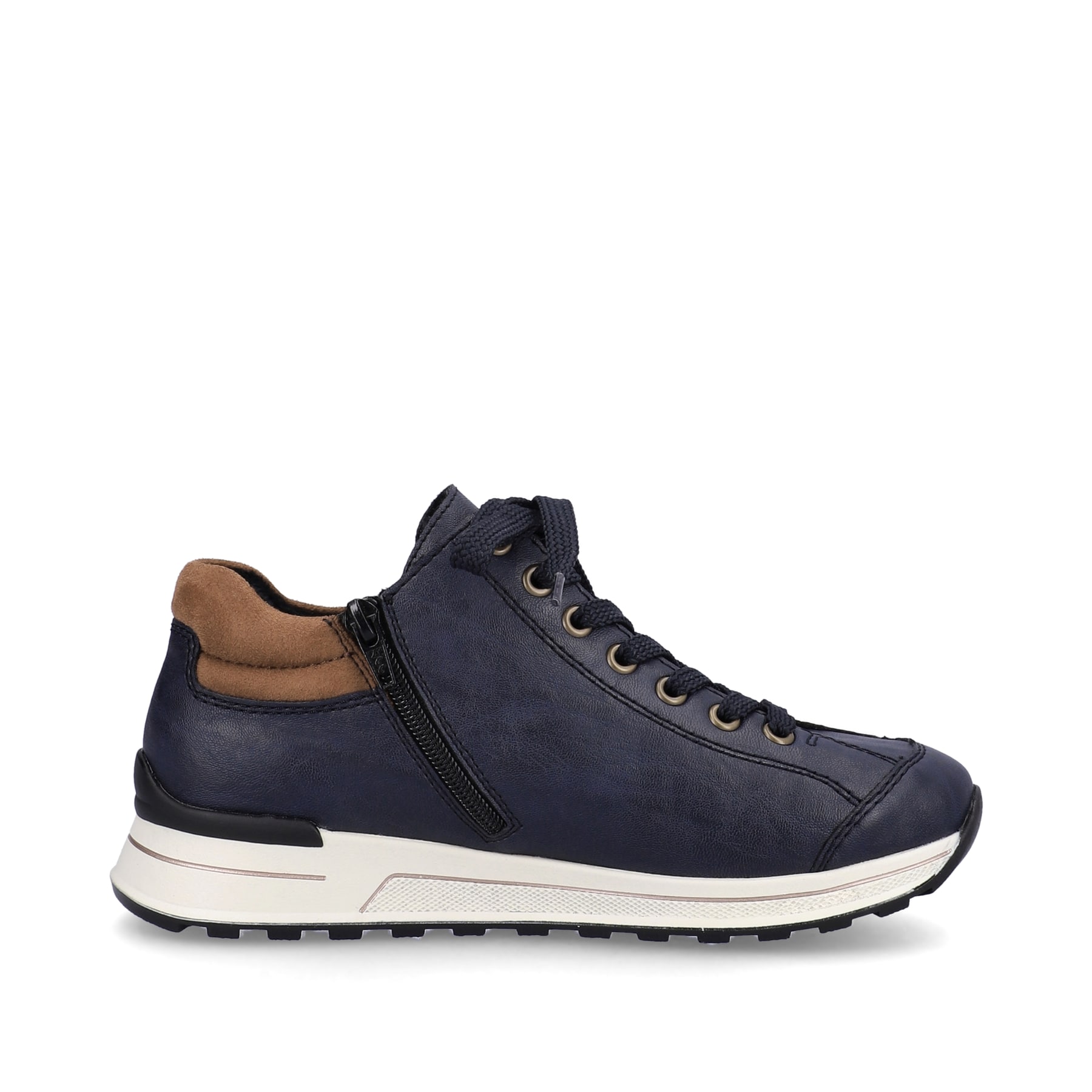 Baskets basses Rieker bleues femme N1400-14 avec bord de tige rembourré. Chaussure vue de l'arrière.