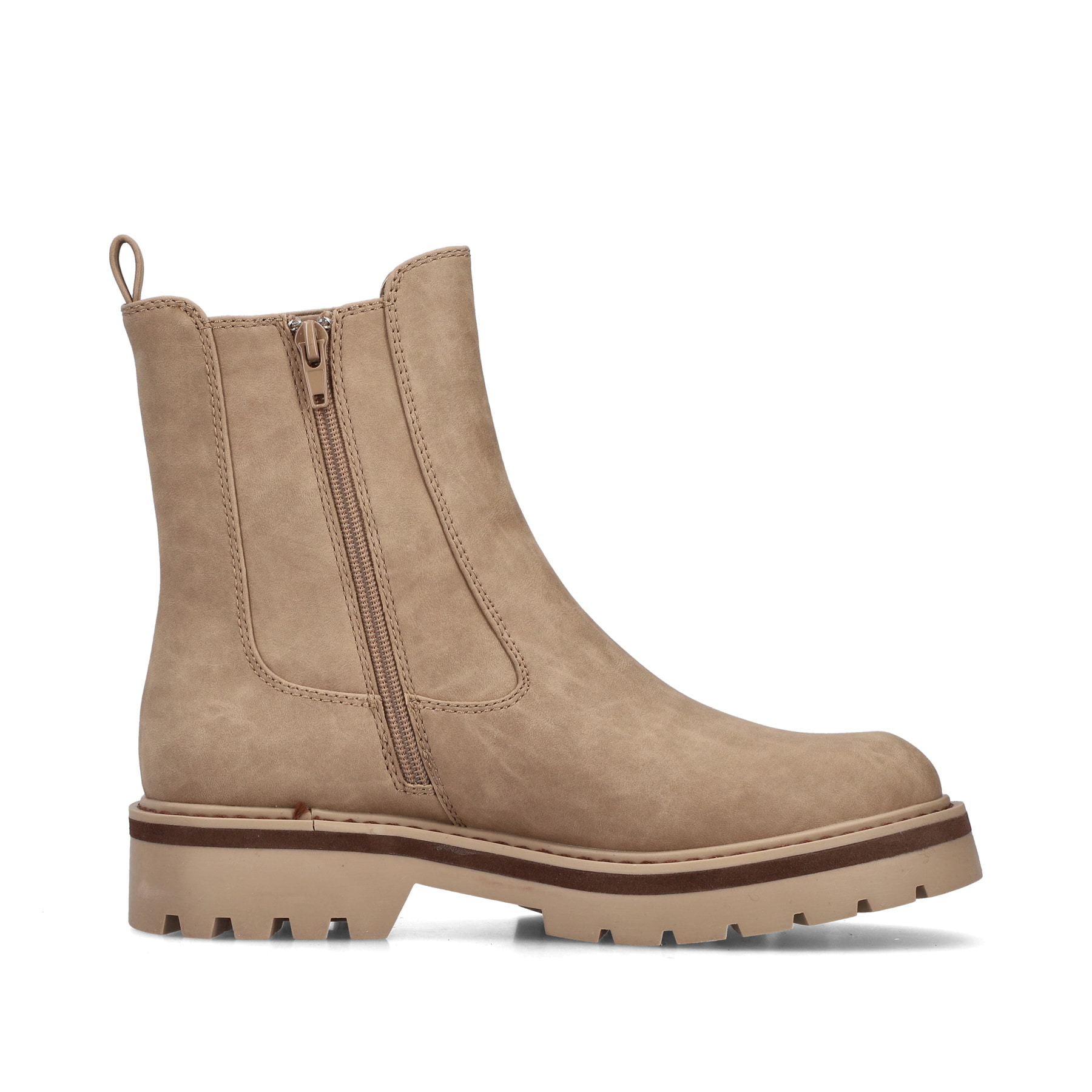 Dunkelbeige Rieker Damen Chelsea Boots 91580-20 mit einem Reißverschluss. Schuh von hinten.