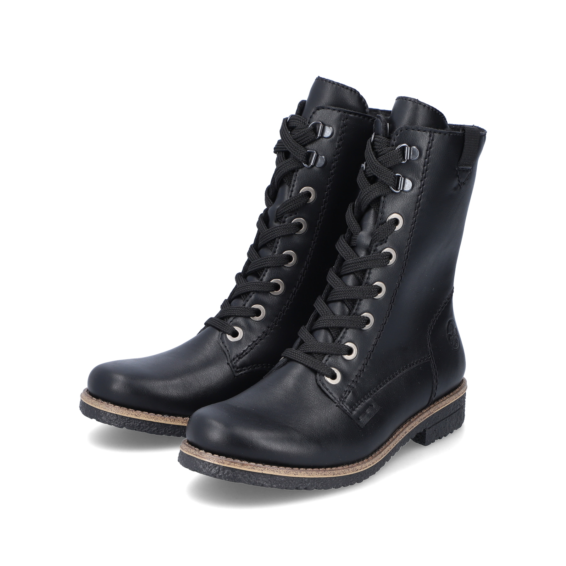 Tiefschwarze Rieker Damen Schnürstiefel 73542-00 mit Schnürung und Reißverschluss. Schuhpaar schräg.