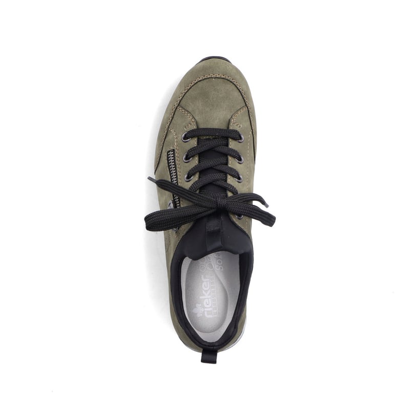 Khakigrüne Rieker Damen Slipper 54470-55 mit Elastikeinsatz sowie einer leichten Sohle. Schuh Innenseite