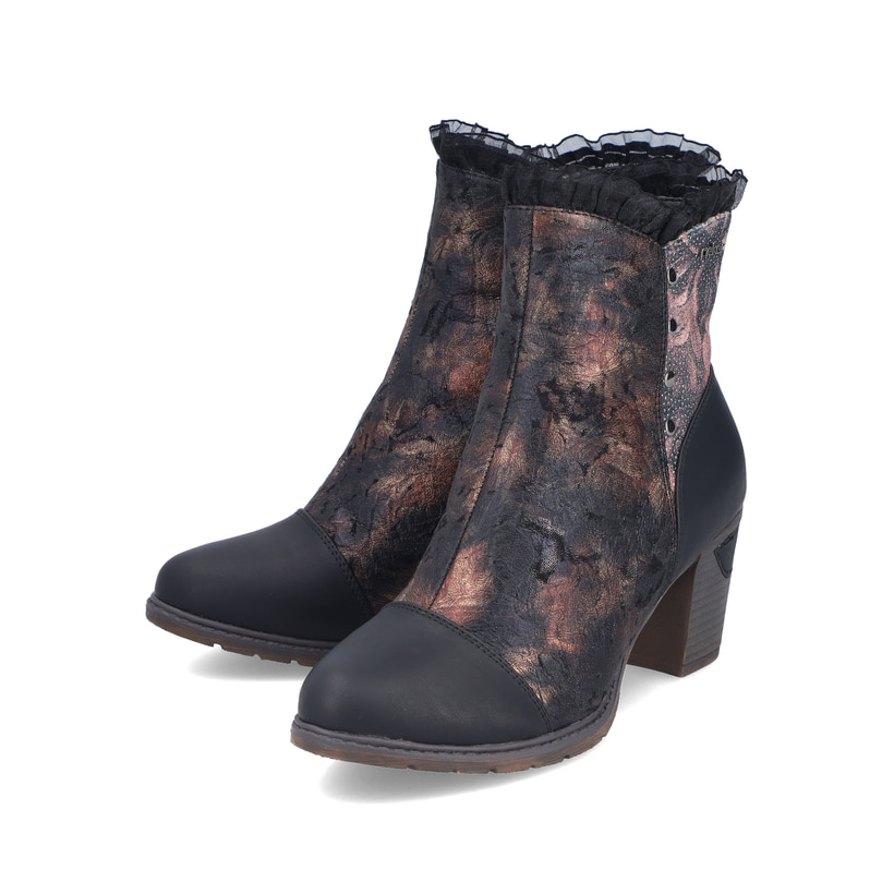 Mehrfarbige Rieker Damen Stiefeletten 96064-90 mit einem Reißverschluss. Schuhpaar seitlich schräg.