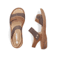 Braune Rieker Damen Riemchensandalen V2860-24 mit handgestickten Nähten. Schuh von oben, liegend.