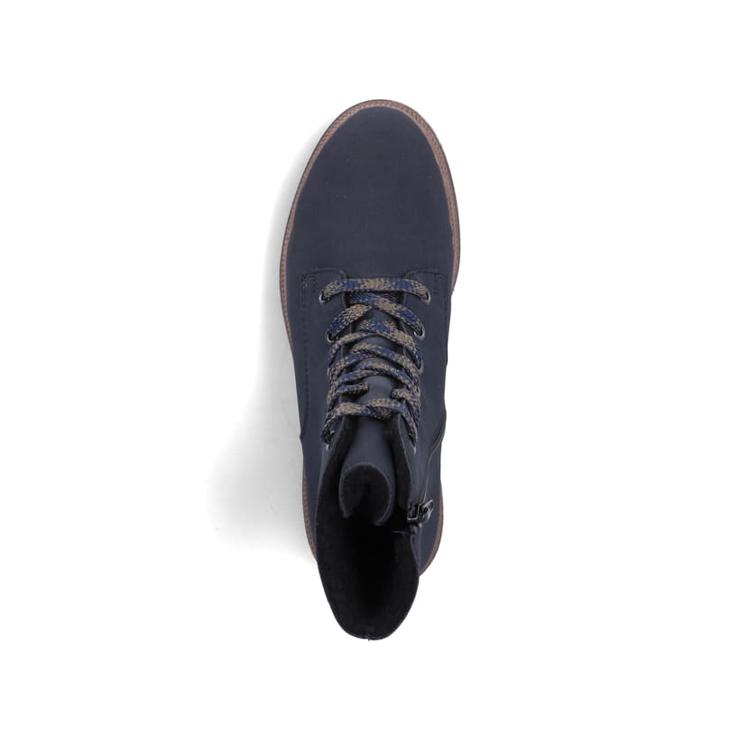 Dunkelblaue Rieker Damen Biker Boots Y7622-14 mit einem Reißverschluss. Schuh von oben.