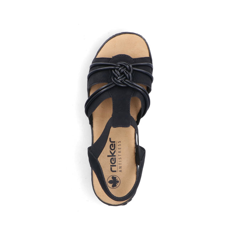 Schwarze Rieker Keilsandaletten 62969-00 mit Gummizug sowie schmaler Passform E. Schuh von oben.